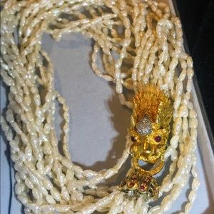 VINTAGE Pearl Necklace 14k GOLD DRAGON CLASP with DIAMONDS, RUBIES & SAPPHIRES